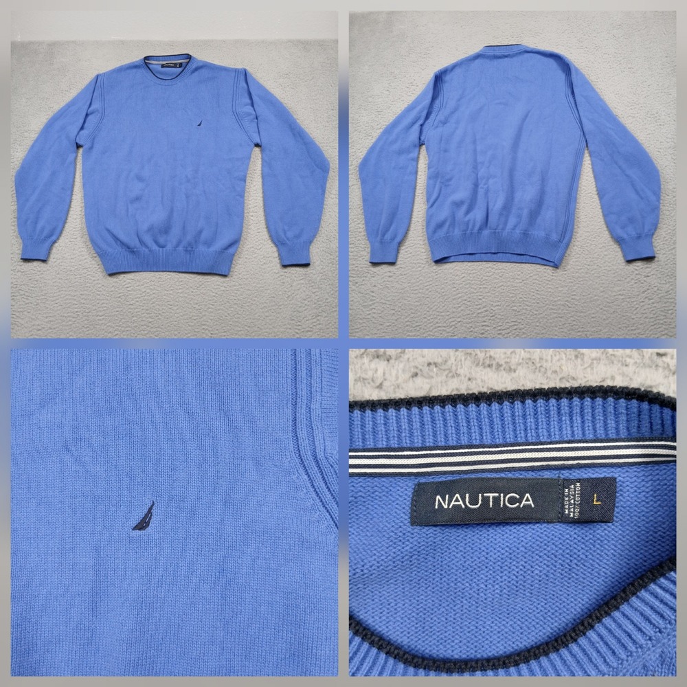 Nautica Crewneck Sweater Men's L Blue Knit Pullover Classic Logo